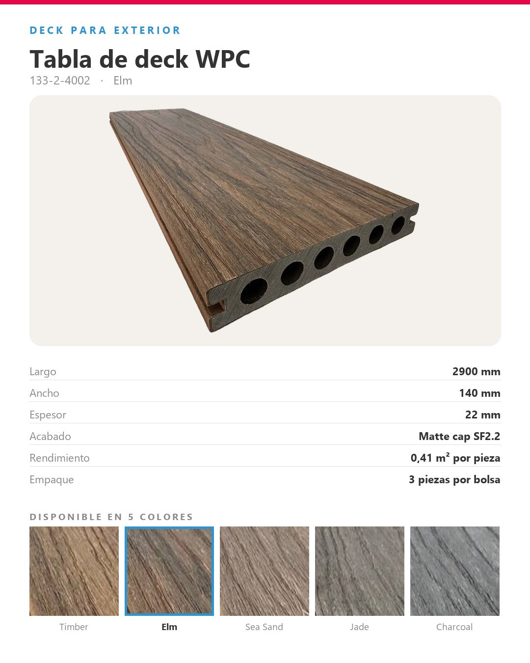 PISO DECK WPC EXTERIOR 2900×140×22MM | ELM | BOLSA 3 PIEZAS