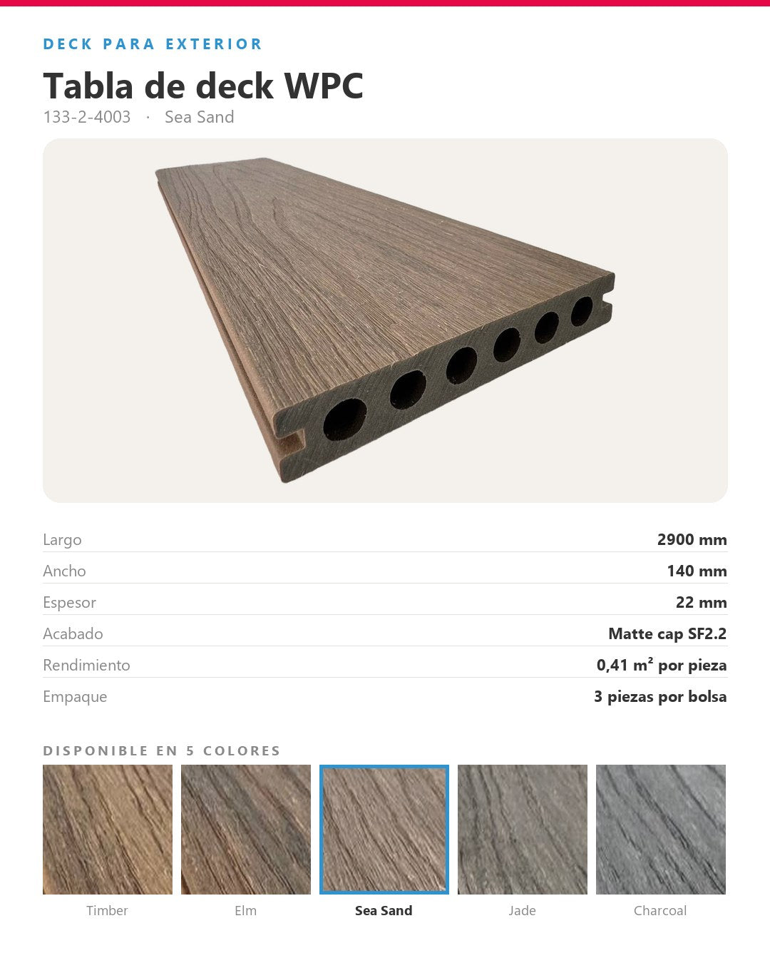 PISO DECK WPC EXTERIOR 2900×140×22MM | SEA SAND | BOLSA 3 PIEZAS