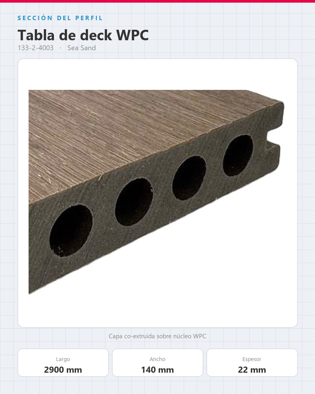 PISO DECK WPC EXTERIOR 2900×140×22MM | SEA SAND | BOLSA 3 PIEZAS