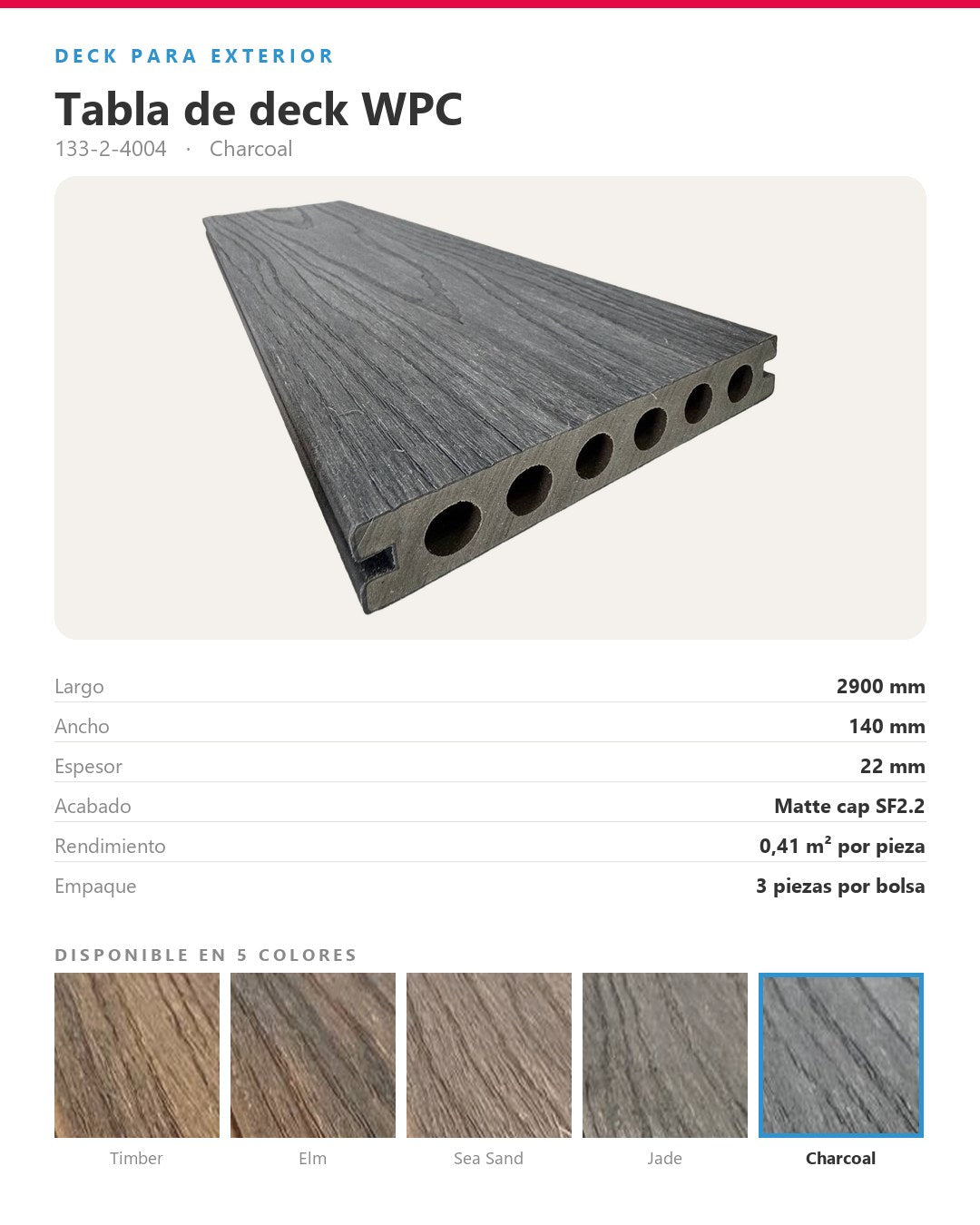 PISO DECK WPC EXTERIOR 2900×140×22MM | CHARCOAL | BOLSA 3 PIEZAS