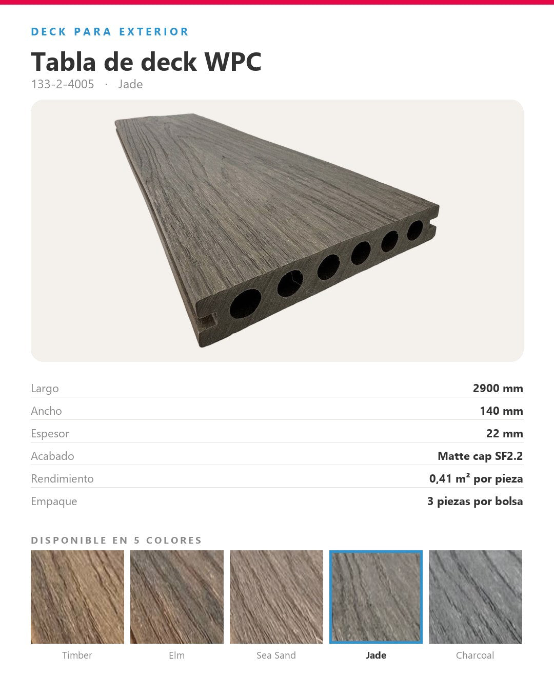 PISO DECK WPC EXTERIOR 2900×140×22MM | JADE | BOLSA 3 PIEZAS