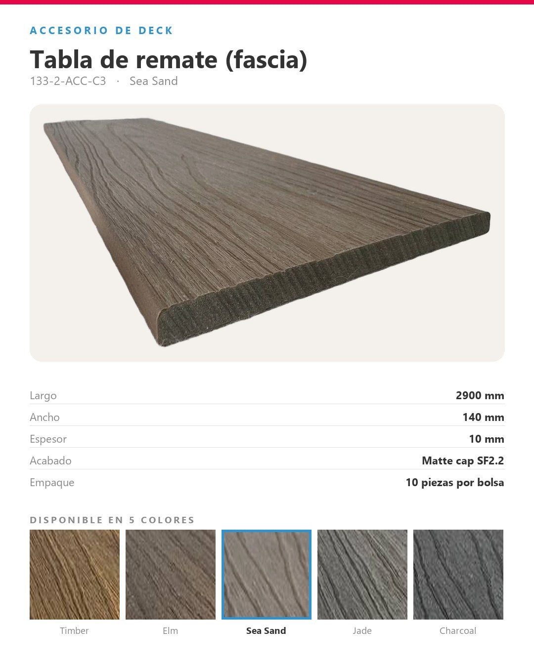 TABLA DE REMATE (FASCIA) PARA PISO DECK WPC 2900×140×10MM | SEA SAND
