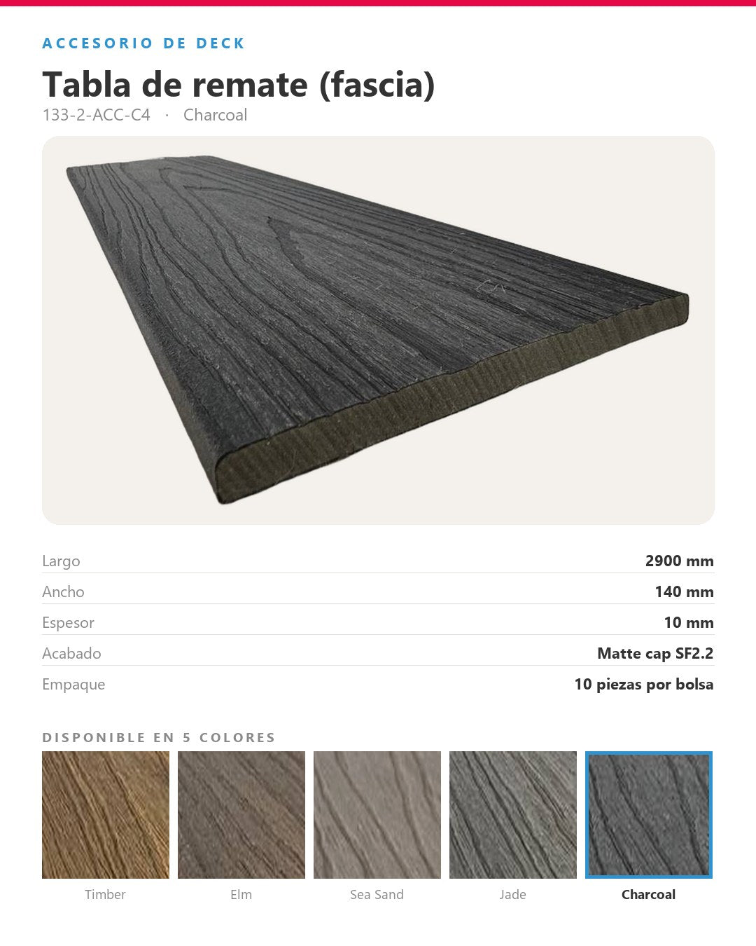 TABLA DE REMATE (FASCIA) PARA PISO DECK WPC 2900×140×10MM | CHARCOAL