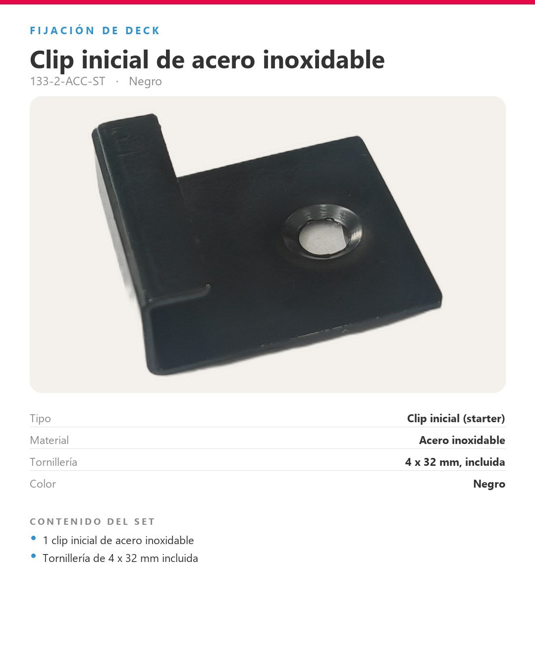 CLIP INICIAL DE ACERO INOXIDABLE PARA PISO DECK WPC | NEGRO