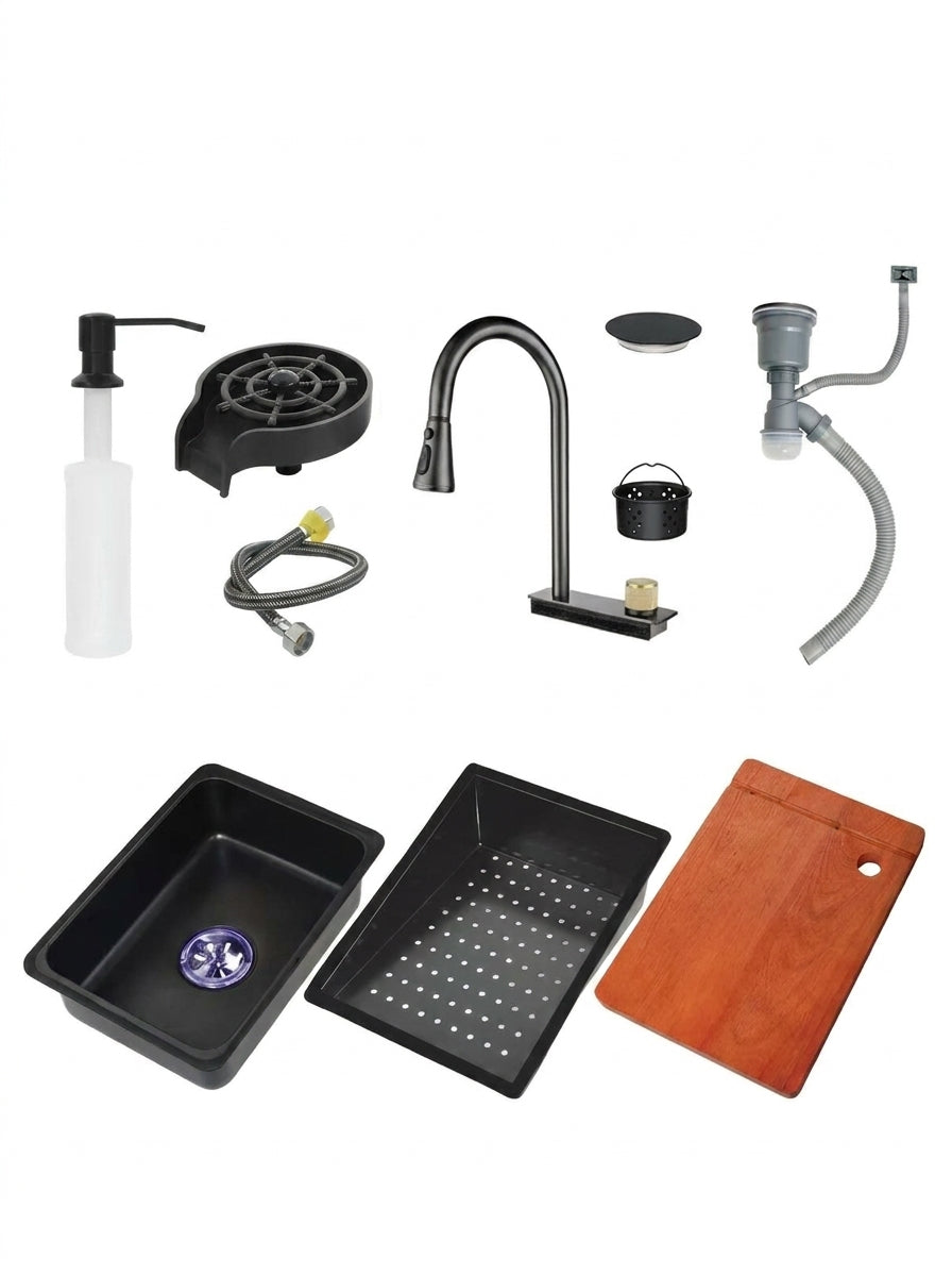 FREGADOR ACERO INOXIDABLE 304 NEGRO DORADO 750X460X220MM ESPESOR 3.0+1.0MM CON ACCESORIOS