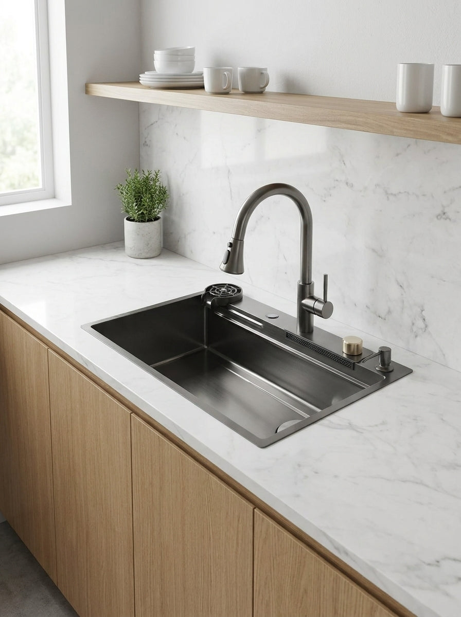 FREGADOR ACERO INOXIDABLE 304 NEGRO DORADO 750X460X220MM ESPESOR 3.0+1.0MM CON ACCESORIOS