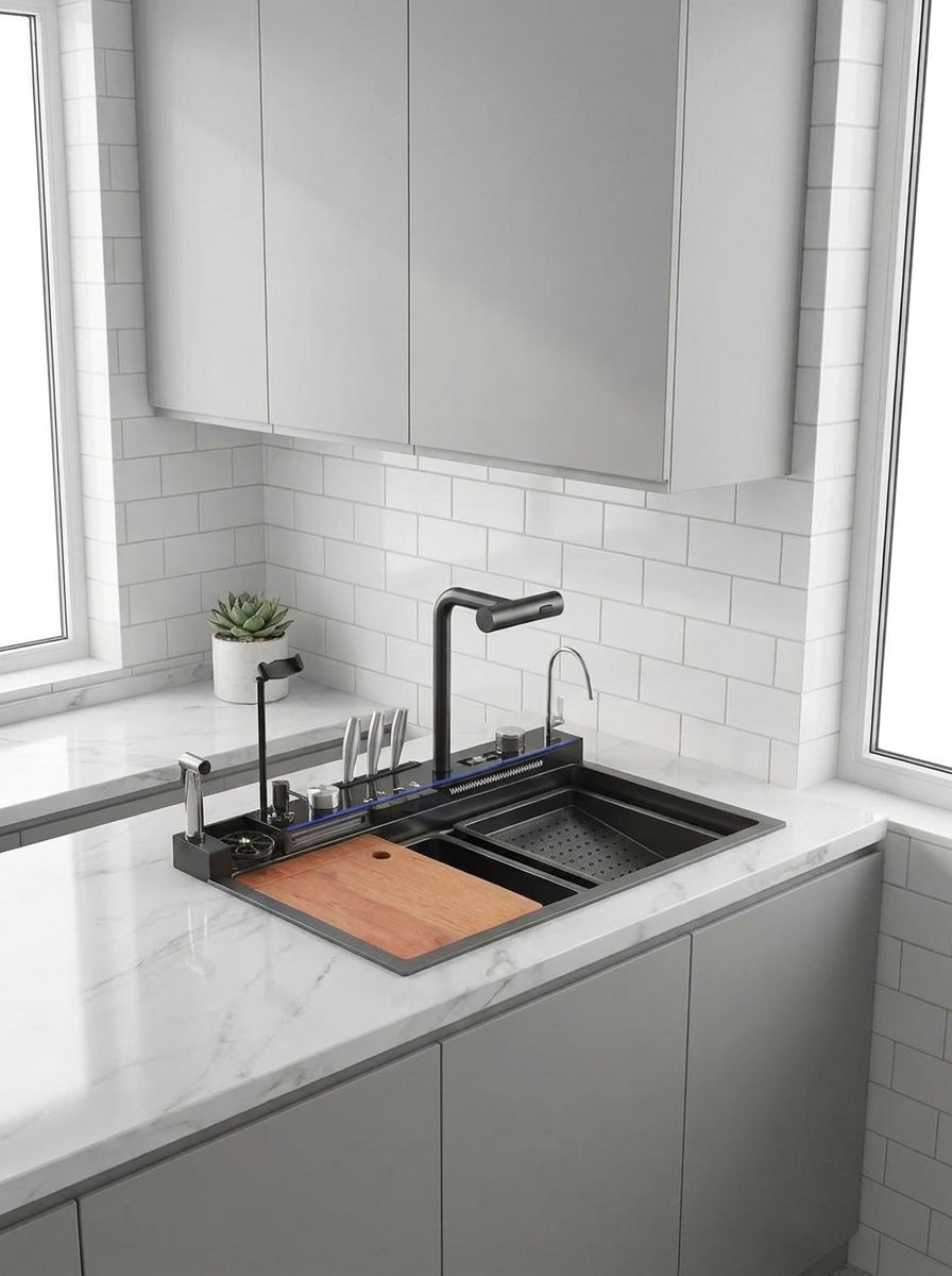 FREGADOR PREMIUM NEGRO ACERO INOXIDABLE 304 800X460X220MM CON ACCESORIOS