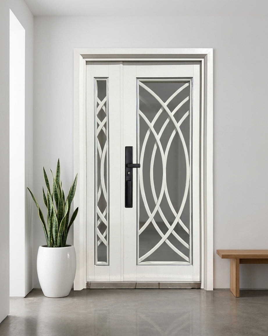 Puerta de Seguridad Multipunto con Vidrio | Aleación de Zinc | 1.20 x 2.15 m | Diseño Moderno I Blanco Mate