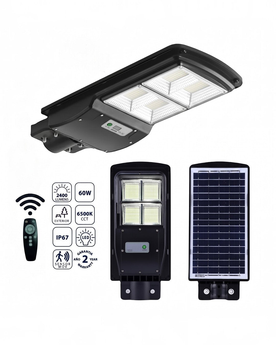LAMPARA DE CALLE SOLAR LED 60W 6500K - TAMAÑO 505×210×64 MM - LUZ 6500K (BLANCO FRÍO) - 60W