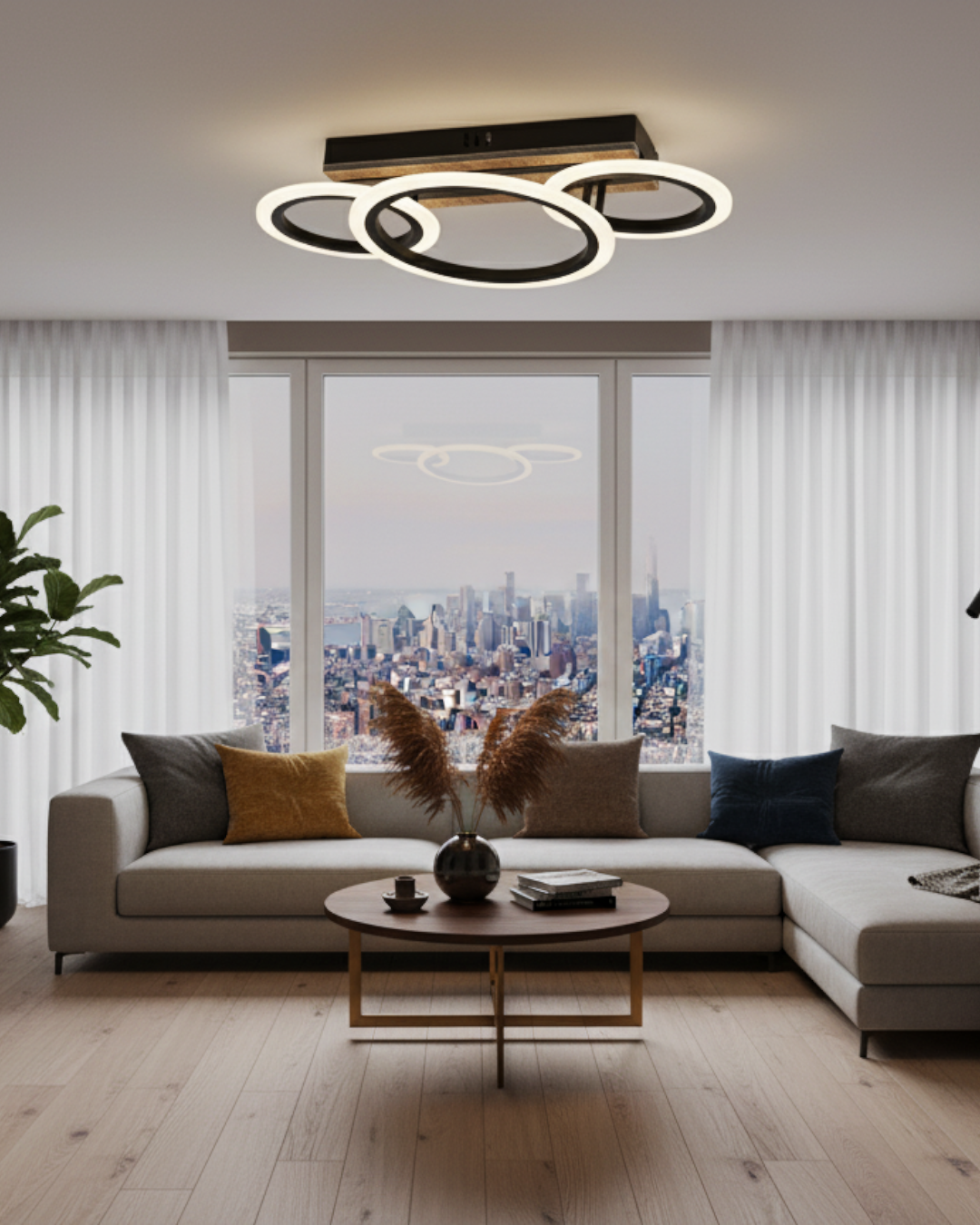 LÁMPARA DE TECHO NEGRA CON MADERA 50W 3000K - TAMAÑO 460×250×110 - LUZ 3000K (BLANCO CÁLIDO) - 50W