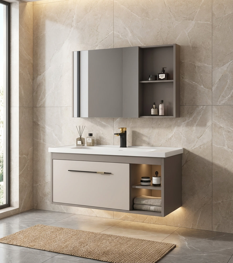 MUEBLE DE BAÑO + ESPEJO - PLYWOOD - TAUPE/MADERA - 800*470*490mm