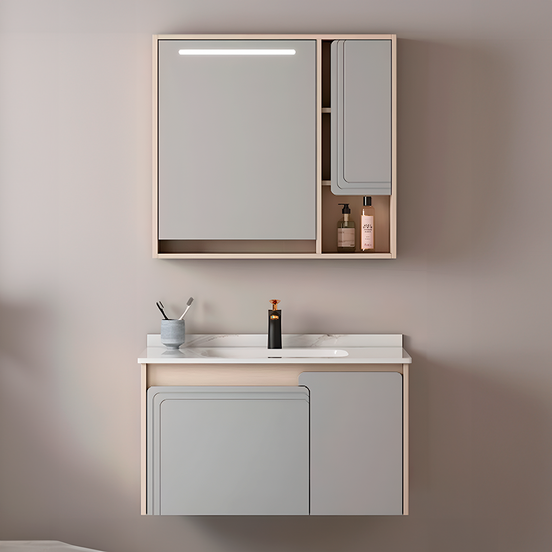 MUEBLE DE BAÑO + ESPEJO LED - PLYWOOD - CREMA - 800*470*490mm