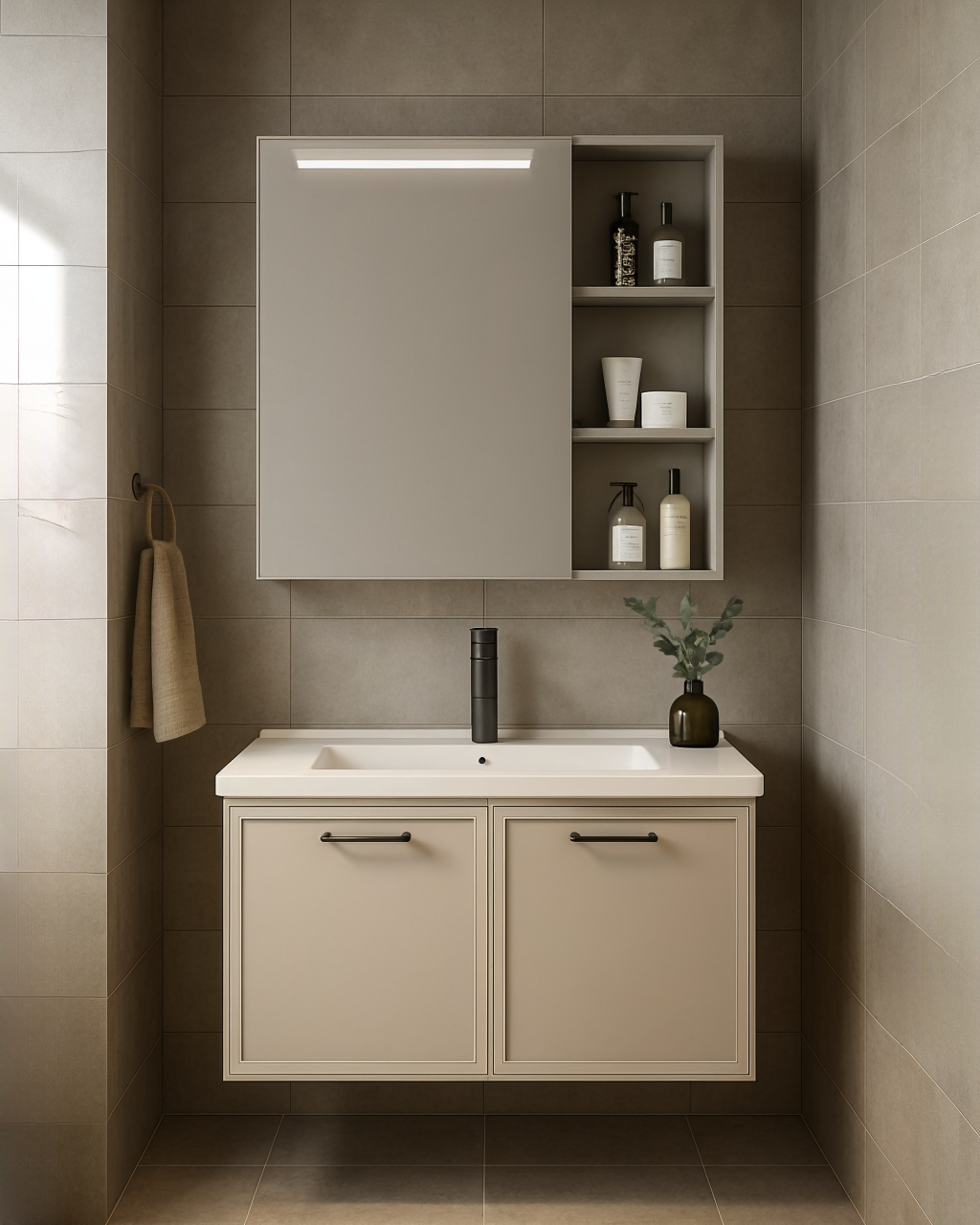 MUEBLE DE BAÑO + ESPEJO - PLYWOOD - TAUPE - 800*470*490mm