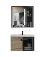 MUEBLE DE BAÑO DE ALUMINIO MODERNO CON ESPEJO LED Y LAVAMANOS – 600×470×440 MM – ACABADO MADERA Y NEGRO