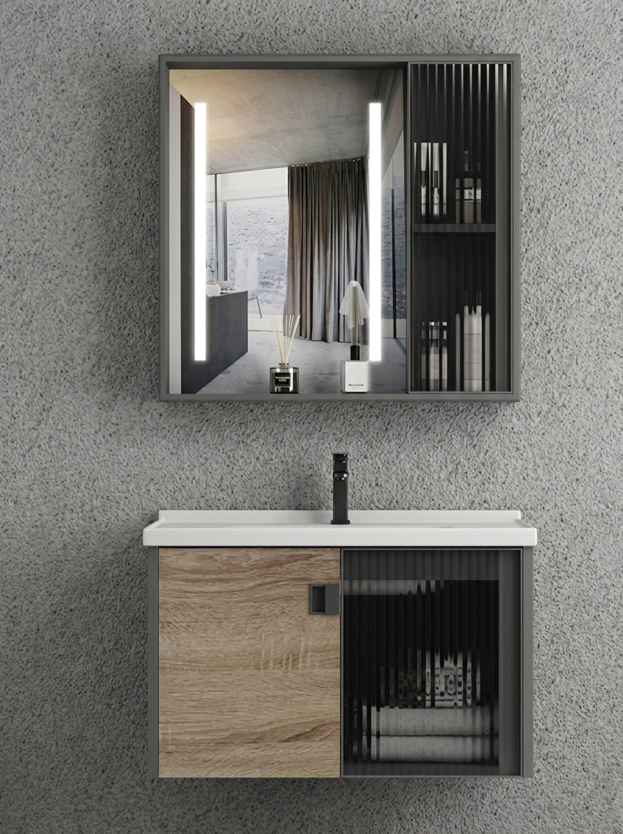 MUEBLE DE BAÑO DE ALUMINIO MODERNO CON ESPEJO LED Y LAVAMANOS – 600×470×440 MM – ACABADO MADERA Y NEGRO