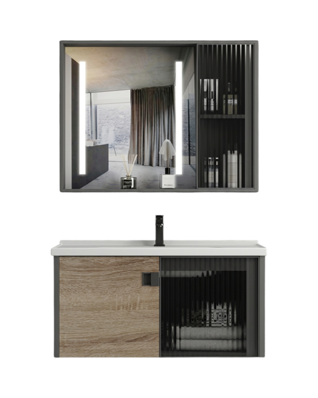 MUEBLE DE BAÑO DE ALUMINIO MODERNO CON ESPEJO LED Y LAVAMANOS – 800×470×440 MM – ACABADO MADERA Y NEGRO