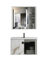 MUEBLE DE BAÑO DE ALUMINIO MODERNO CON ESPEJO LED Y LAVAMANOS – 600×470×440 MM – ACABADO MÁRMOL BLANCO