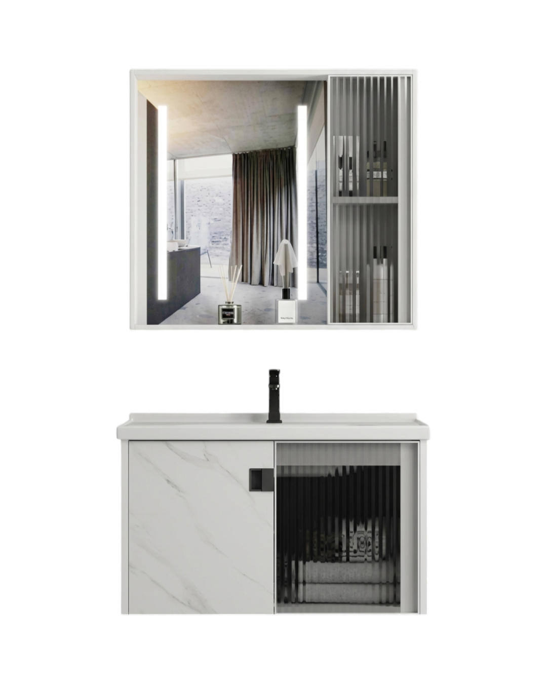 MUEBLE DE BAÑO DE ALUMINIO MODERNO CON ESPEJO LED Y LAVAMANOS – 600×470×440 MM – ACABADO MÁRMOL BLANCO