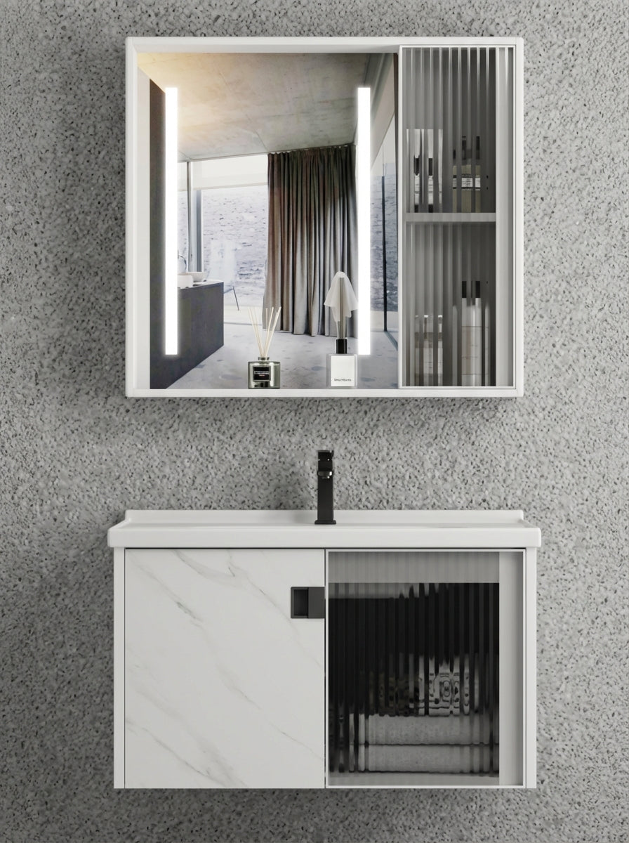 MUEBLE DE BAÑO DE ALUMINIO MODERNO CON ESPEJO LED Y LAVAMANOS – 600×470×440 MM – ACABADO MÁRMOL BLANCO