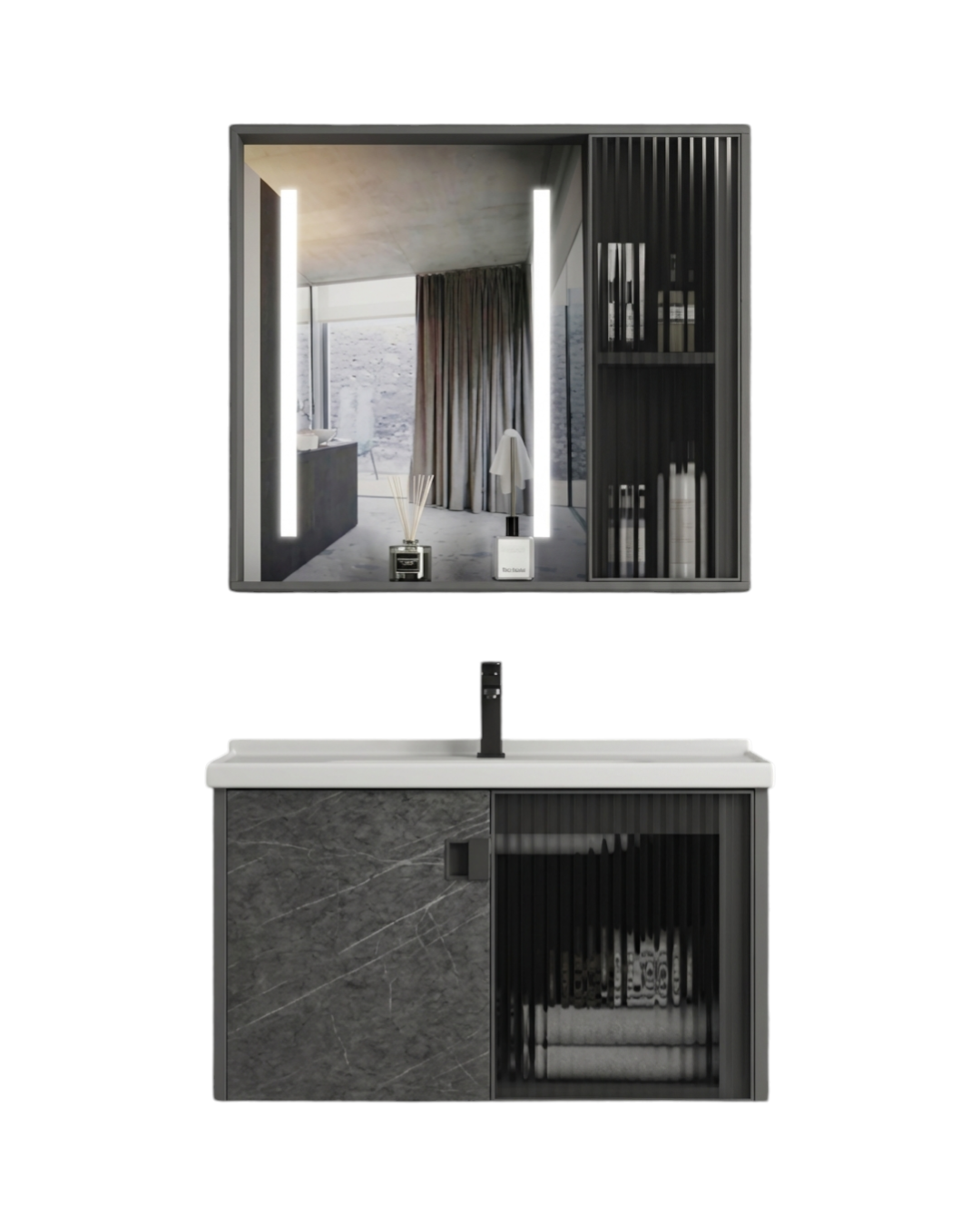 MUEBLE DE BAÑO DE ALUMINIO MODERNO CON ESPEJO LED Y LAVAMANOS – 600×470×440 MM – ACABADO MÁRMOL GRIS