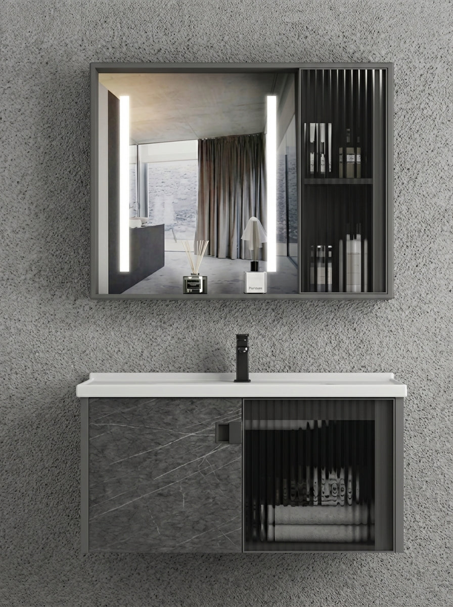 MUEBLE DE BAÑO DE ALUMINIO MODERNO CON ESPEJO LED Y LAVAMANOS – 800×470×440 MM – ACABADO MÁRMOL GRIS