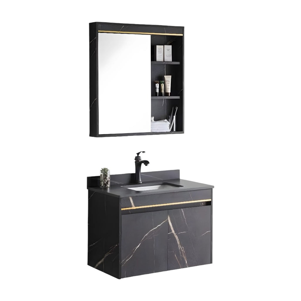 MUEBLE DE BAÑO + ESPEJO - PLYWOOD - NEGRO MARMOLEADO - 600*500*500mm