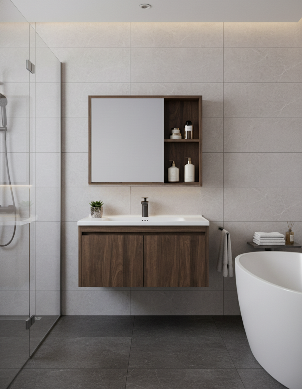 MUEBLE DE BAÑO + ESPEJO - PLYWOOD - NOGAL OSCURO - 800*470*465mm