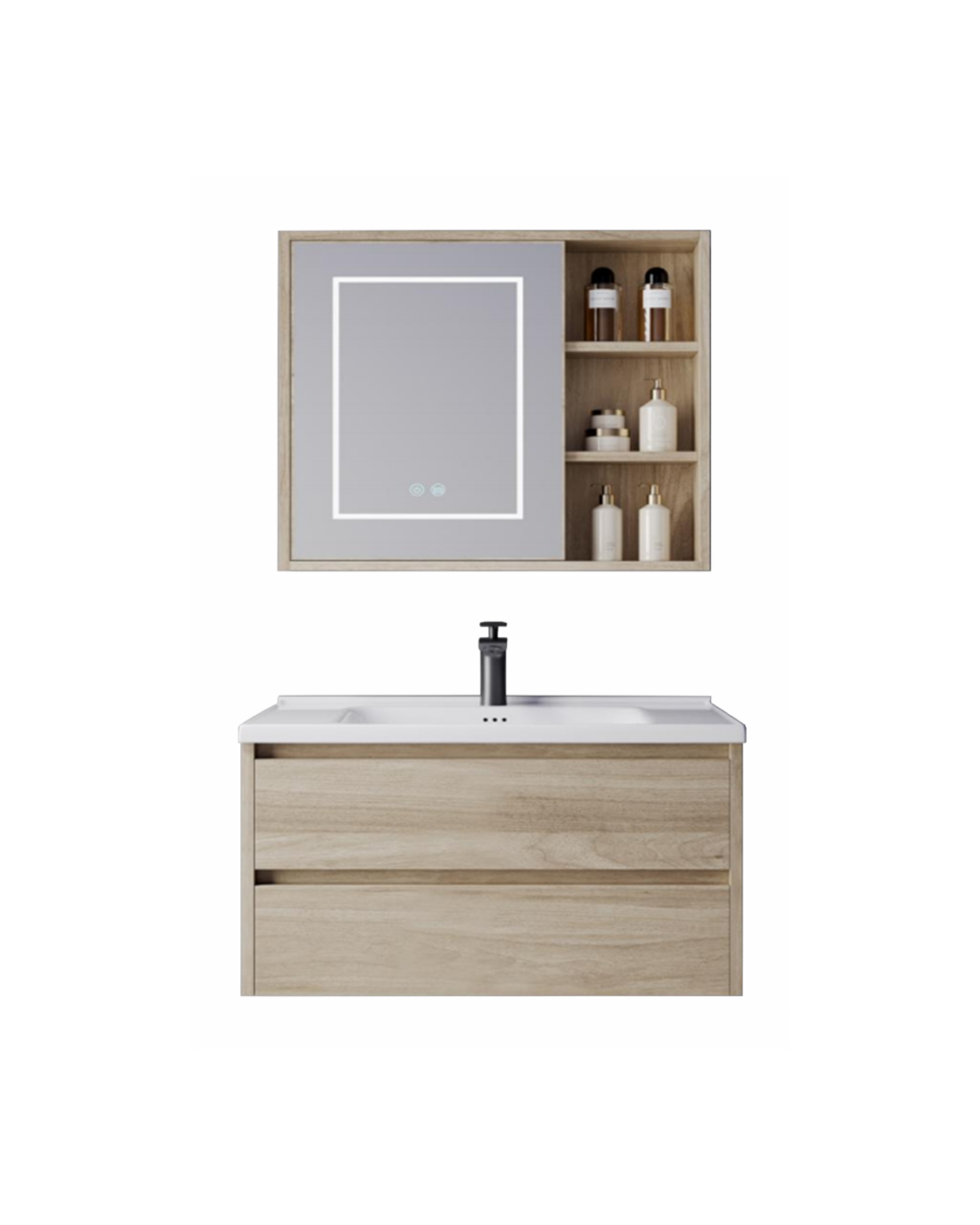 MUEBLE DE BAÑO + ESPEJO - PLYWOOD - NUEZ CREMA - 600*470*530mm