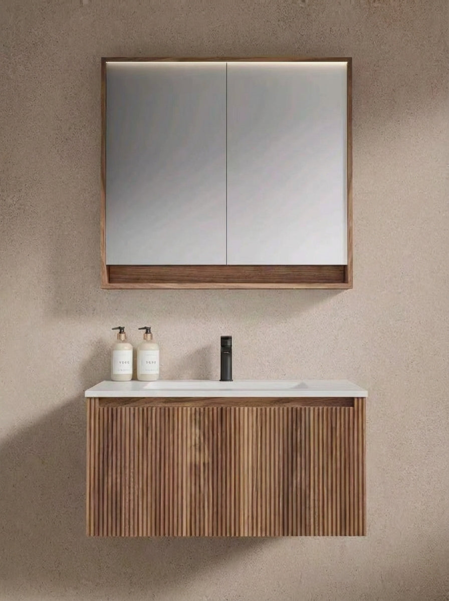 MUEBLE DE BAÑO MODERNO CON ESPEJO Y LAVAMANOS – 980×140×700 MM - ACABADO MADERA RANURADA