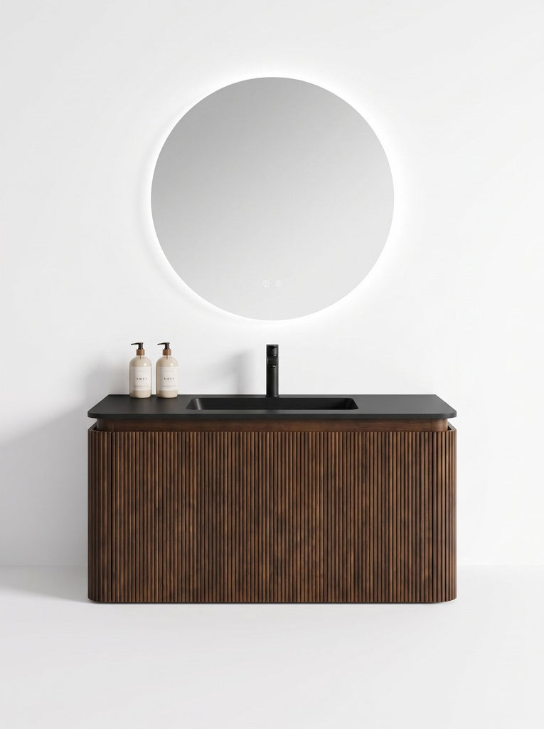MUEBLE DE BAÑO MODERNO CON ESPEJO Y LAVAMANOS – 990×455×450 MM - ACABADO MADERA · LAVAMANOS NEGRO