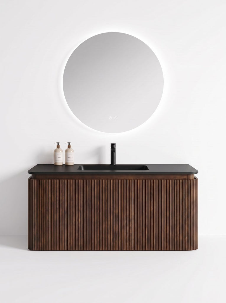 MUEBLE DE BAÑO MODERNO CON ESPEJO Y LAVAMANOS – 1190×455×450 MM - ACABADO MADERA · LAVAMANOS NEGRO