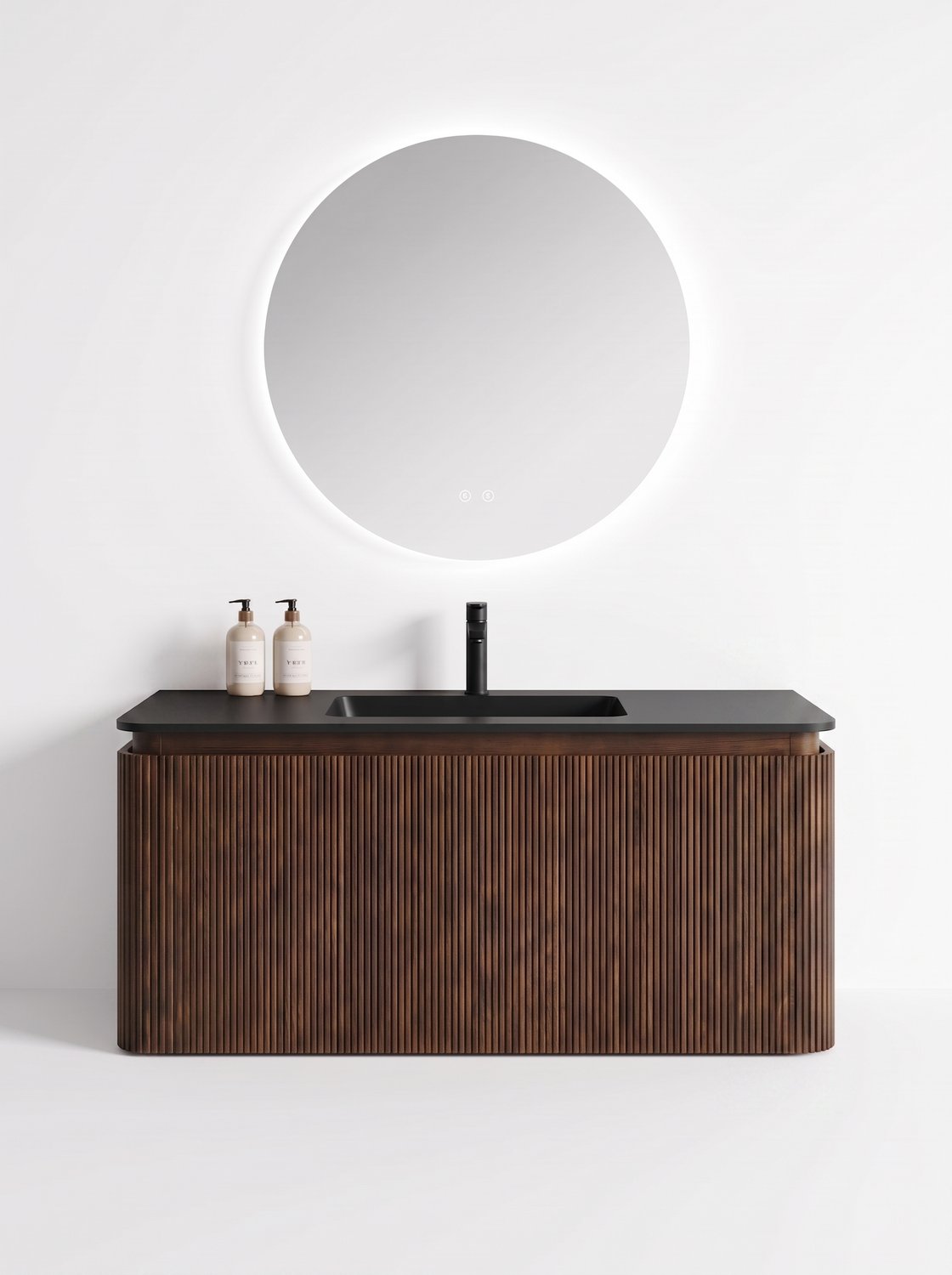 MUEBLE DE BAÑO MODERNO CON ESPEJO Y LAVAMANOS – 1190×455×450 MM - ACABADO MADERA · LAVAMANOS NEGRO