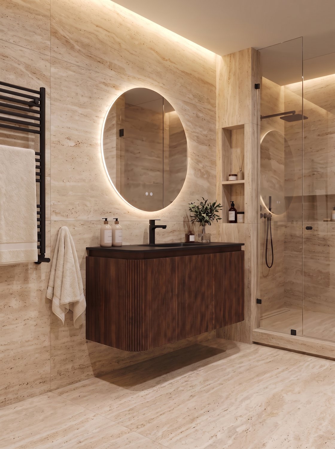 MUEBLE DE BAÑO MODERNO CON ESPEJO Y LAVAMANOS – 1190×455×450 MM - ACABADO MADERA · LAVAMANOS NEGRO