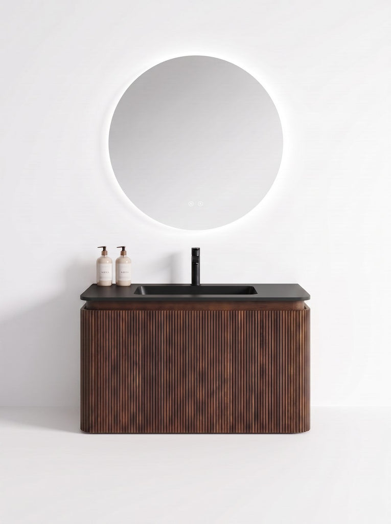 MUEBLE DE BAÑO MODERNO CON ESPEJO Y LAVAMANOS – 790×455×450 MM - ACABADO MADERA · LAVAMANOS NEGRO
