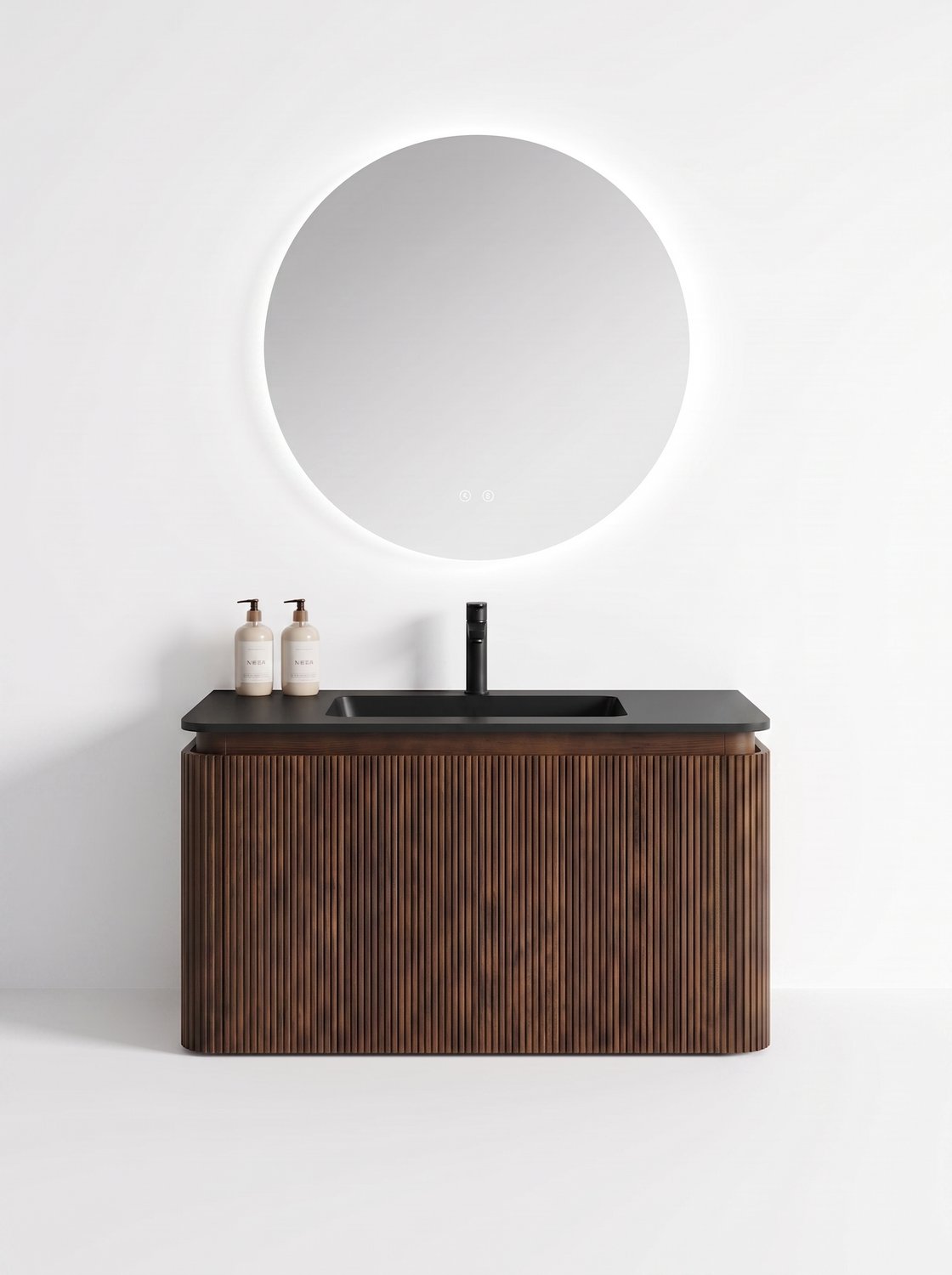 MUEBLE DE BAÑO MODERNO CON ESPEJO Y LAVAMANOS – 890×455×450 MM - ACABADO MADERA · LAVAMANOS NEGRO