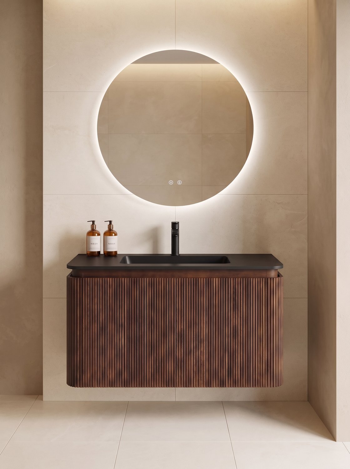 MUEBLE DE BAÑO MODERNO CON ESPEJO Y LAVAMANOS – 890×455×450 MM - ACABADO MADERA · LAVAMANOS NEGRO