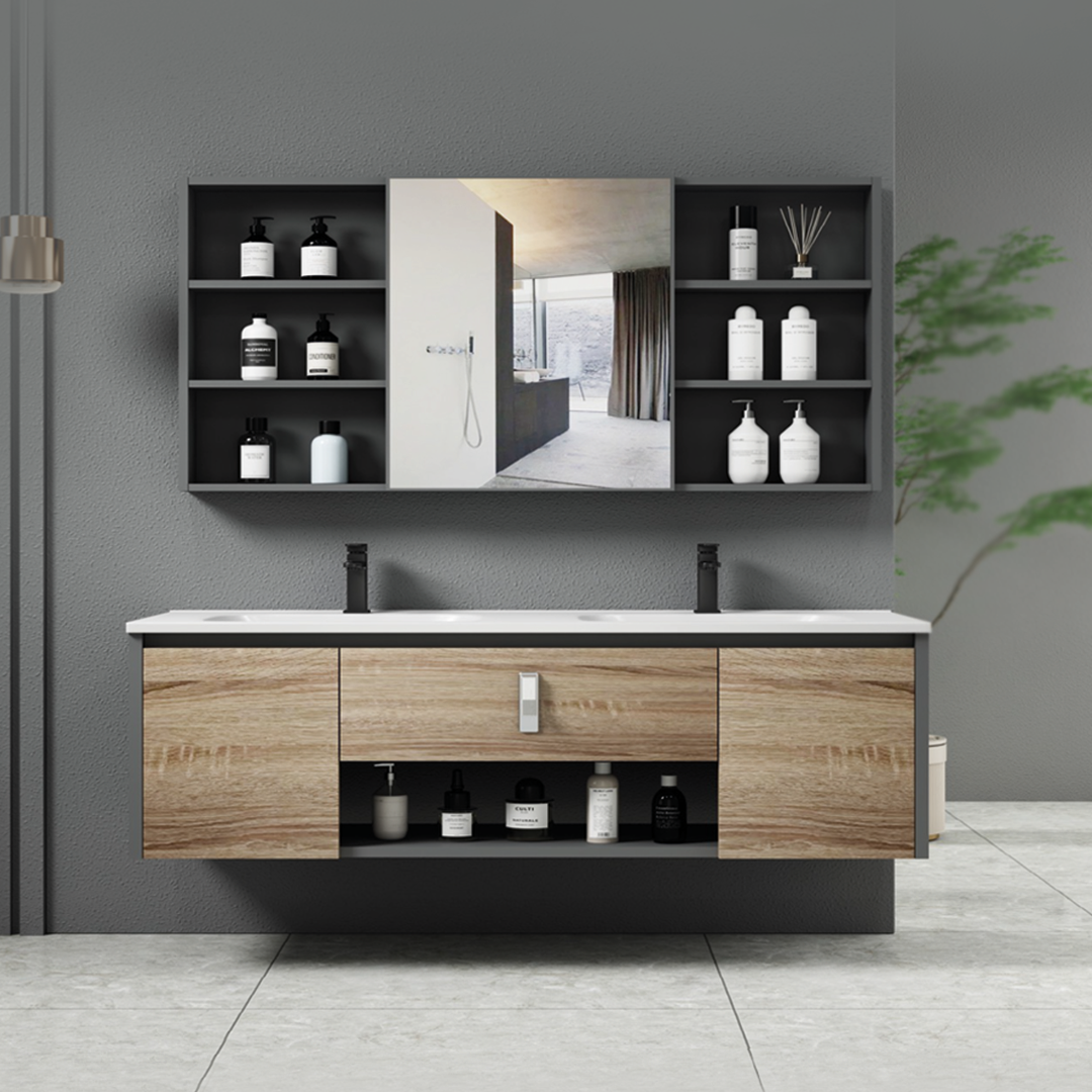 MUEBLE DE BAÑO + ESPEJO - ALUMINIO - MADERA - 120X47X46CM