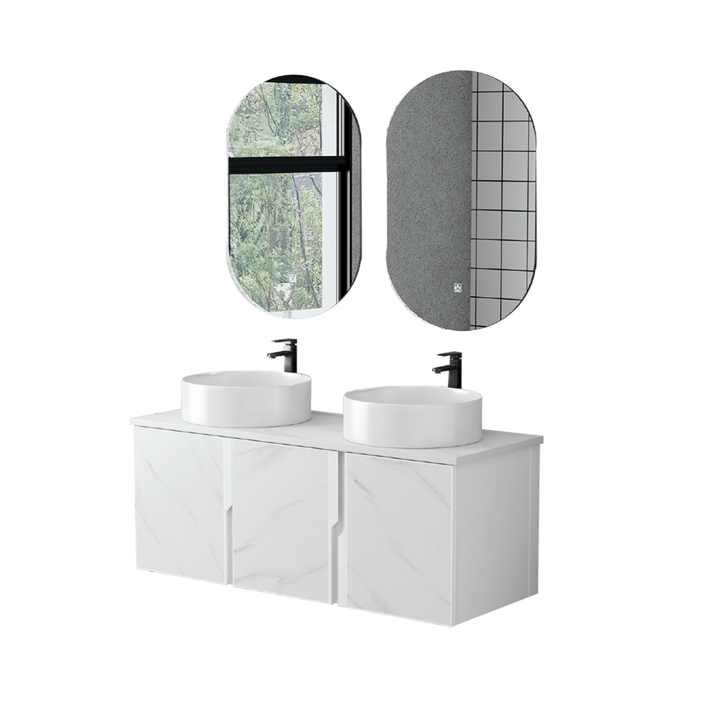 MUEBLE DE BAÑO + ESPEJO - ALUMINIO - BLANCO MARMOLEADO - 120X47X46CM