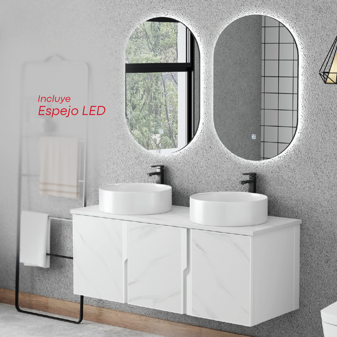 MUEBLE DE BAÑO + ESPEJO - ALUMINIO - BLANCO MARMOLEADO - 120X47X46CM