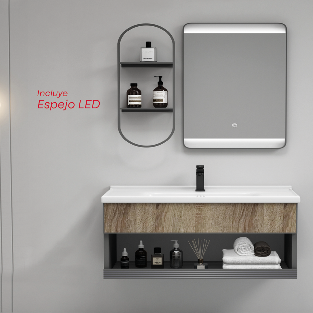 MUEBLE DE BAÑO + ESPEJO - ALUMINIO - MADERA/GRIS - 80X47X45CM - INCLUYE TOCADOR