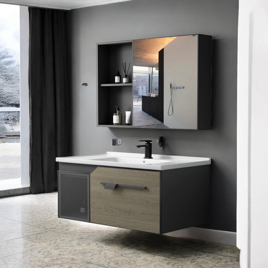 MUEBLE DE BAÑO + ESPEJO - ALUMINIO - MADERA/GRIS - 80X47X45CM