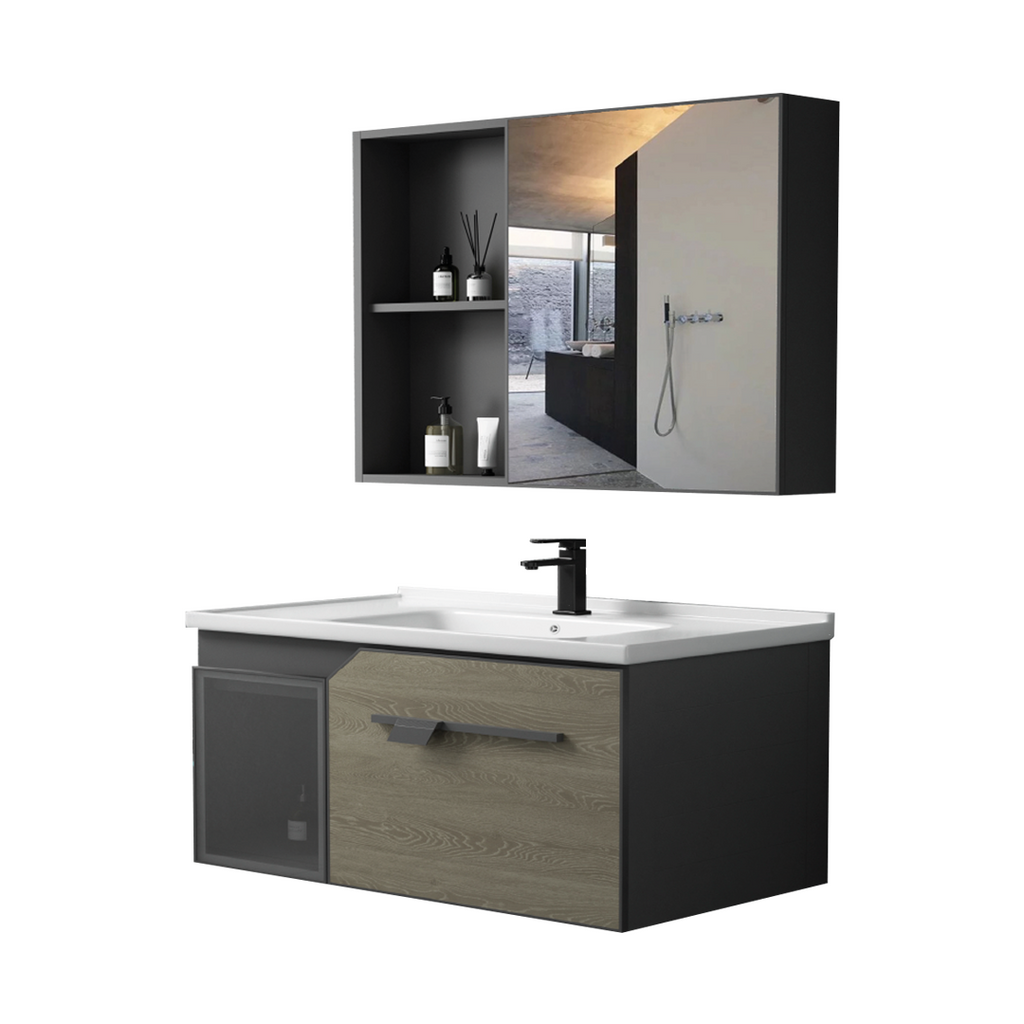 MUEBLE DE BAÑO + ESPEJO - ALUMINIO - MADERA/GRIS - 80X47X45CM