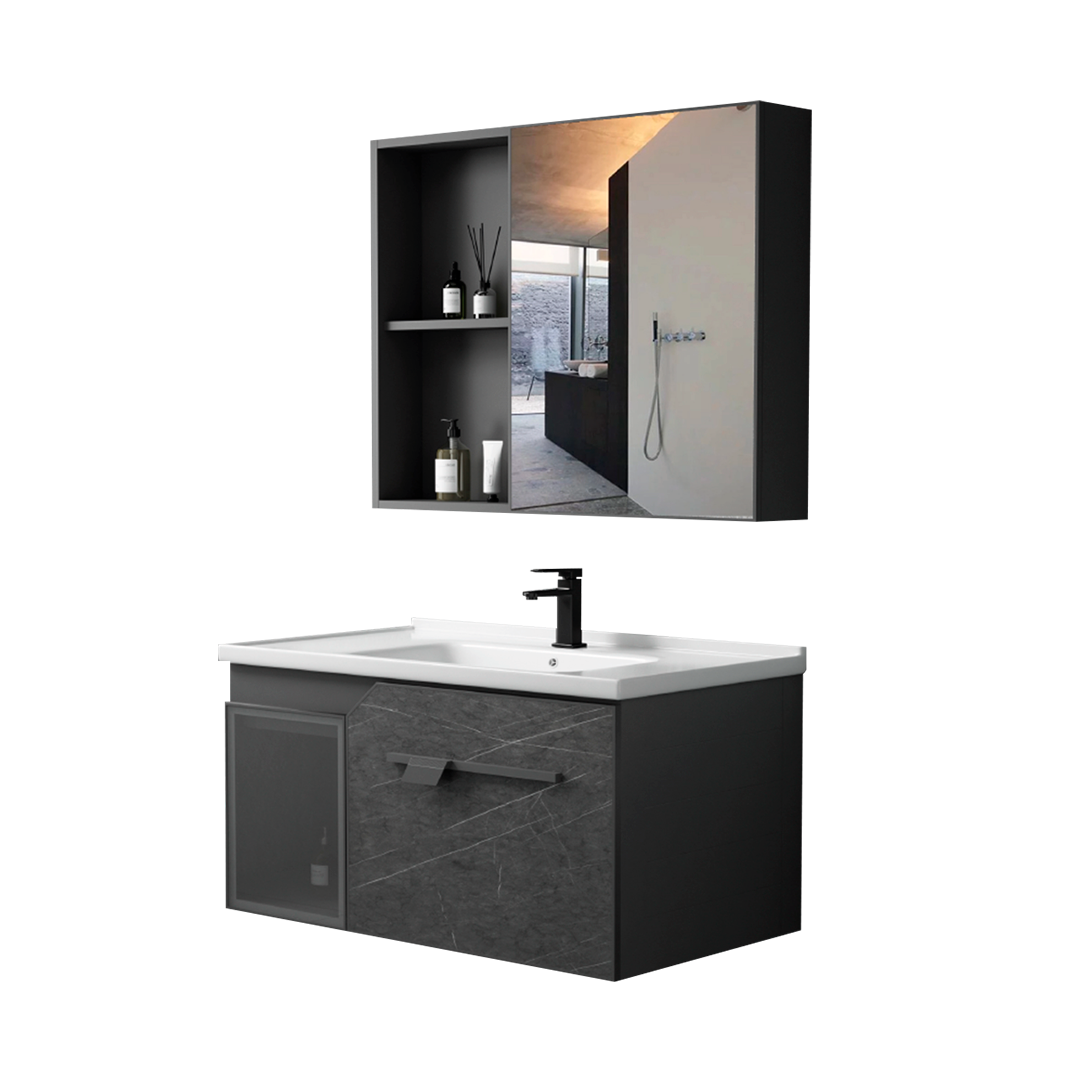 MUEBLE DE BAÑO + ESPEJO - ALUMINIO - GRIS MARMOLEADO - 80X47X45CM