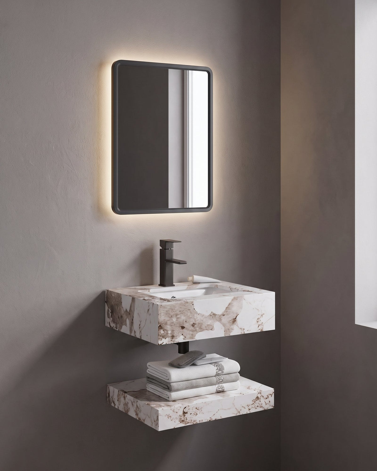 Conjunto De Lavabo + Espejo Led - Piedra Sinterizada - Mármol Blanco Y Gris - 50 Cm - 92-Rock-1001 instalado en un baño