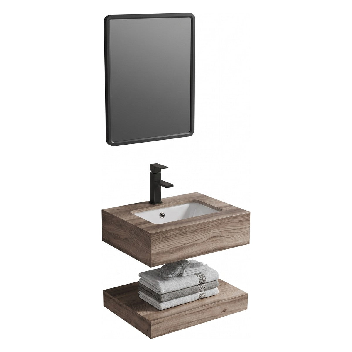 Conjunto De Lavabo + Espejo Led - Piedra Sinterizada - Piedra Marrón Veteada - 50 Cm - 92-Rock-1002