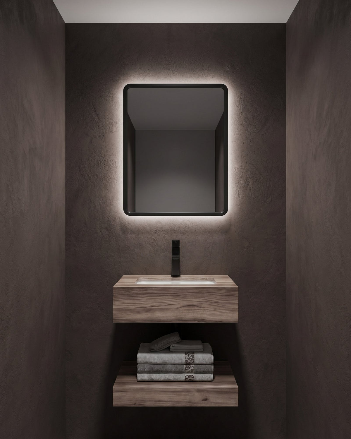 Conjunto De Lavabo + Espejo Led - Piedra Sinterizada - Piedra Marrón Veteada - 50 Cm - 92-Rock-1002 instalado en un baño