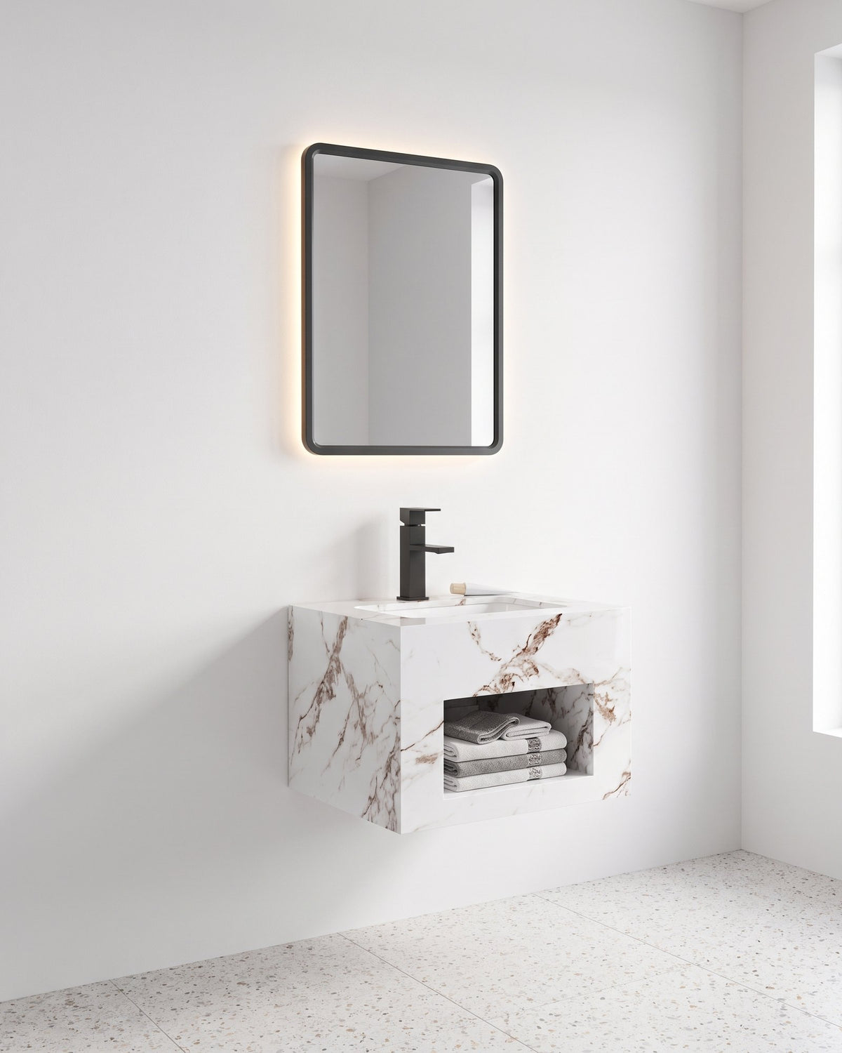 Conjunto De Lavabo + Espejo Led - Piedra Sinterizada - Mármol Blanco Veteado - 50 Cm - 92-Rock-1003 instalado en un baño