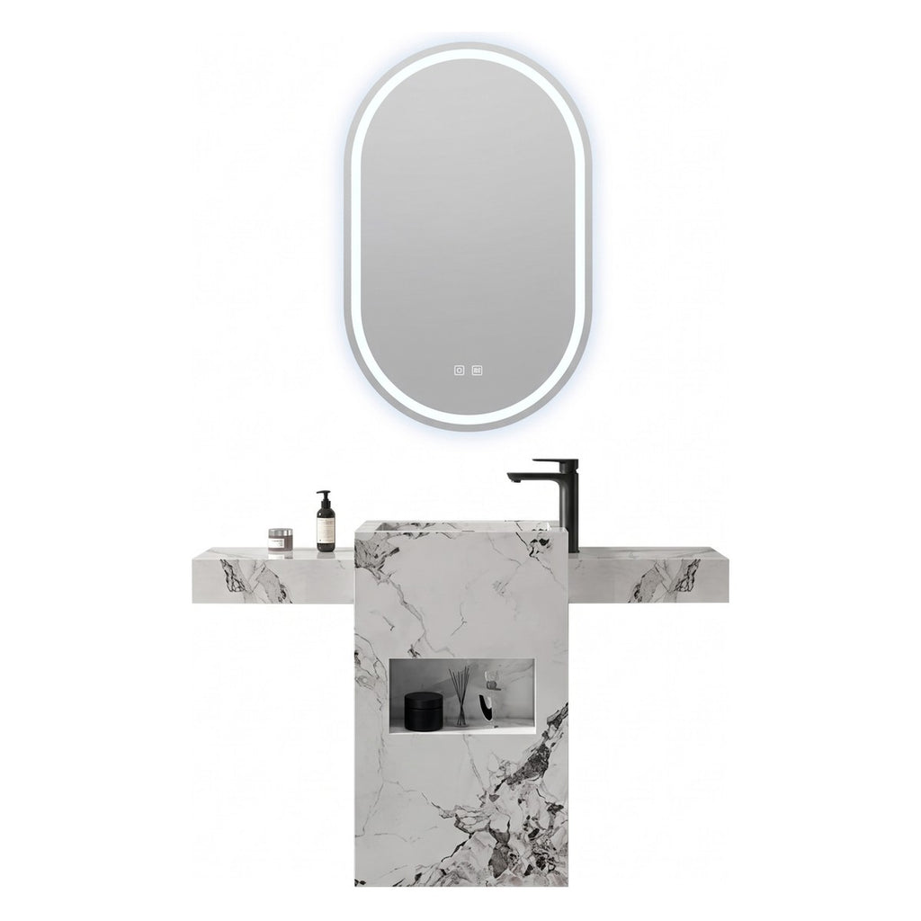 Conjunto De Lavabo + Espejo Led - Piedra Sinterizada - Mármol Blanco Veteado - 60 Cm - 92-Rock-1004