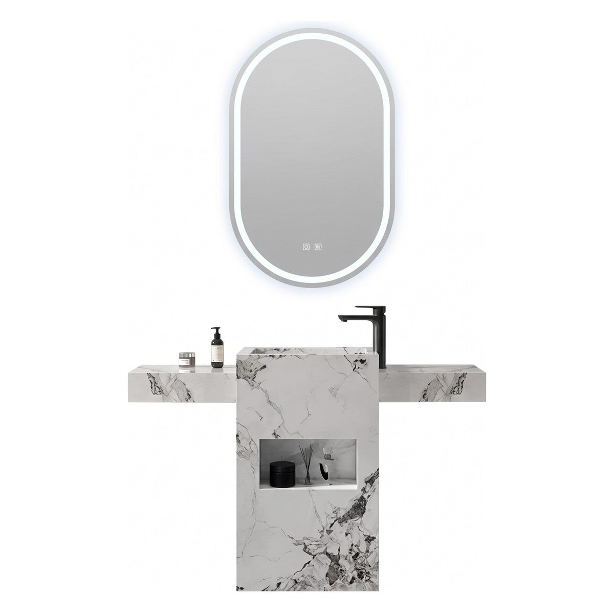 Conjunto De Lavabo + Espejo Led - Piedra Sinterizada - Mármol Blanco Veteado - 60 Cm - 92-Rock-1004