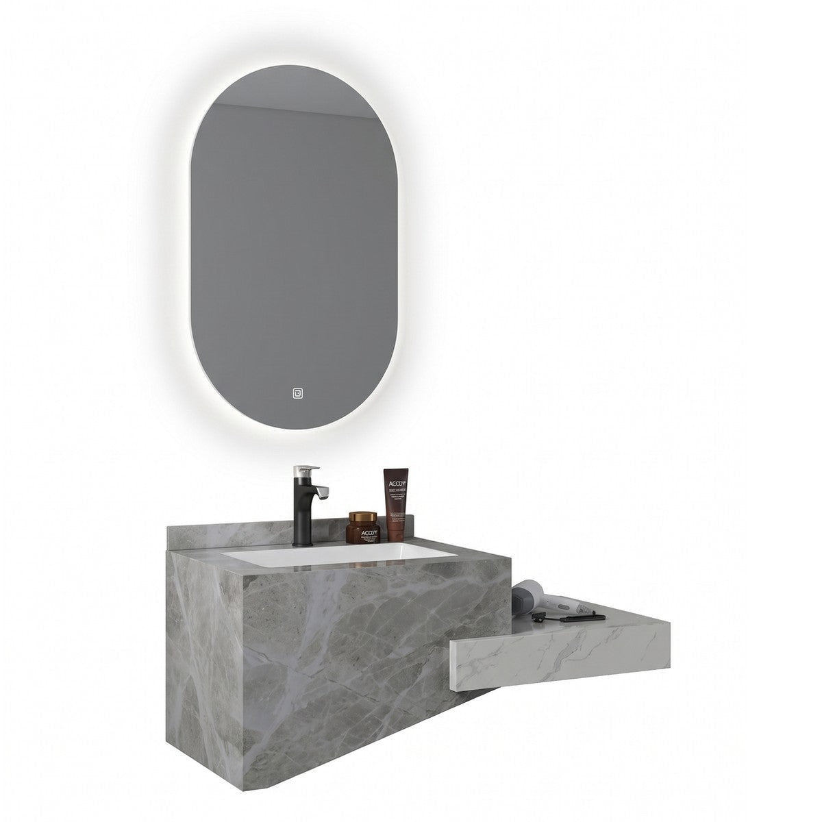 Conjunto De Lavabo + Espejo Led - Piedra Sinterizada - Mármol Gris Veteado - 100 Cm - 92-Rock-1006
